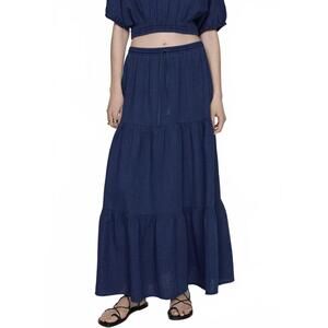 Mango Long Cotton Flared Skirt Night Blue NWT XL